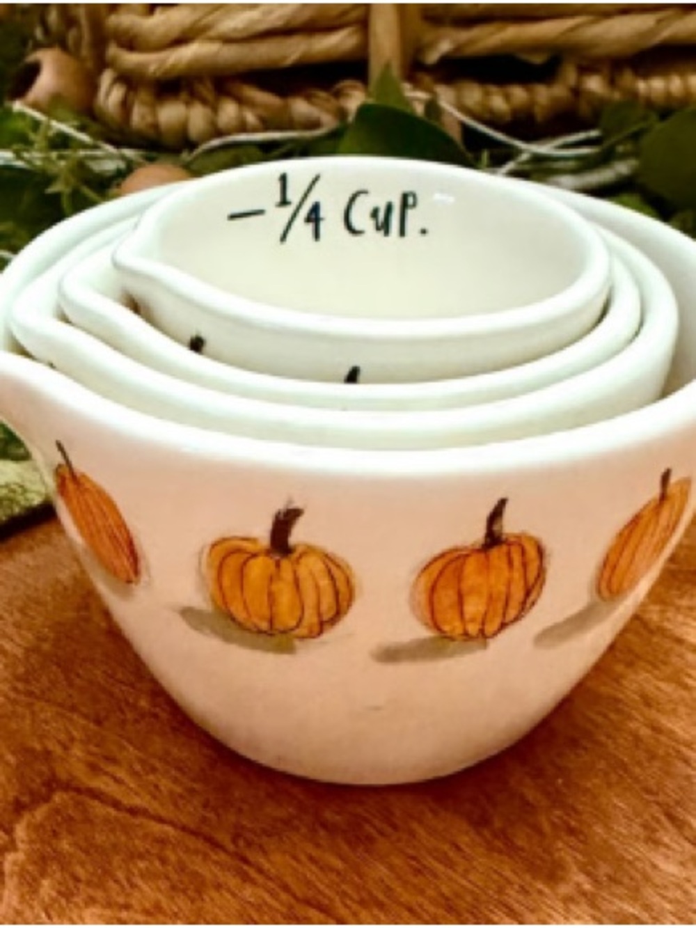 Hand-Painted White Ceramic Nested Measuring Cups with Pumpkin Motif